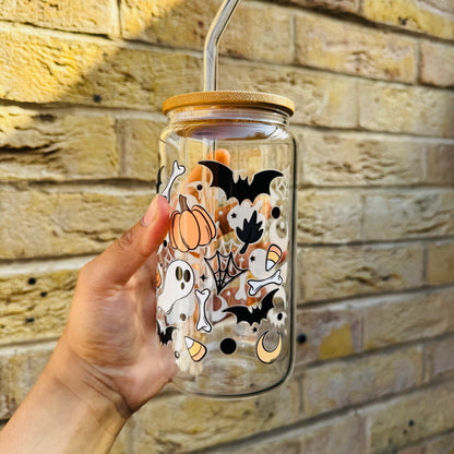 Halloween Spooky Boo Spider Web Pumpkin Moon  Iced Coffee Can Glass, Spooky Coffee Tumbler with Bamboo Lid and straw