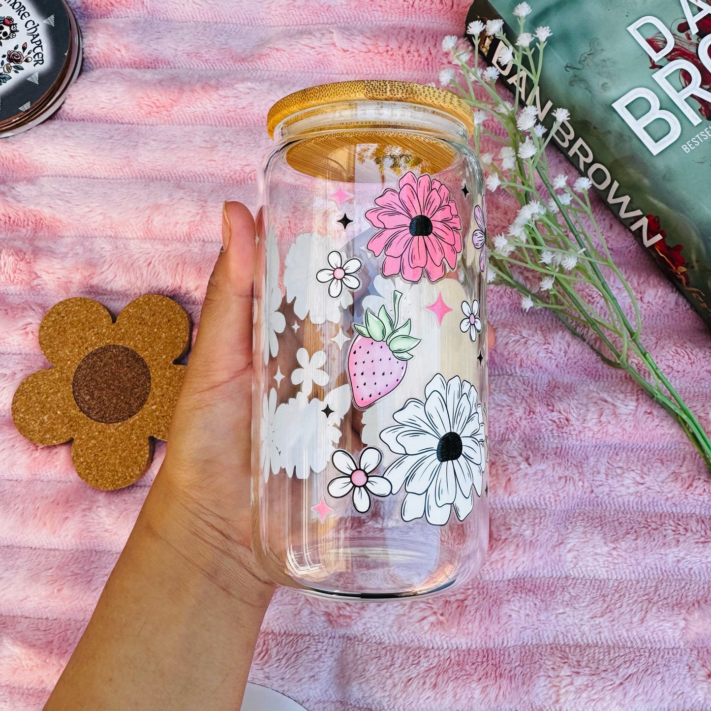 Floral Halloween Spooky Boo  Iced Coffee Can Glass, Strawberry Spooky Coffee Tumbler with Bamboo Lid and starw