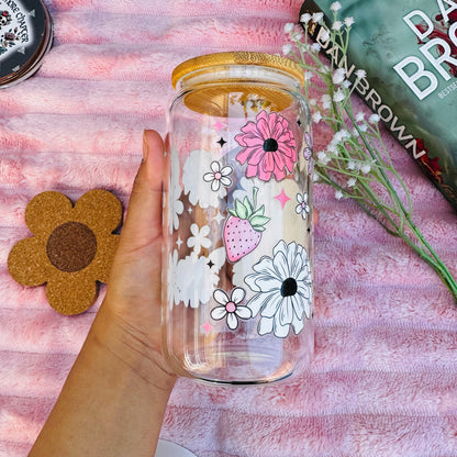 Floral Halloween Spooky Boo  Iced Coffee Can Glass, Strawberry Spooky Coffee Tumbler with Bamboo Lid and starw