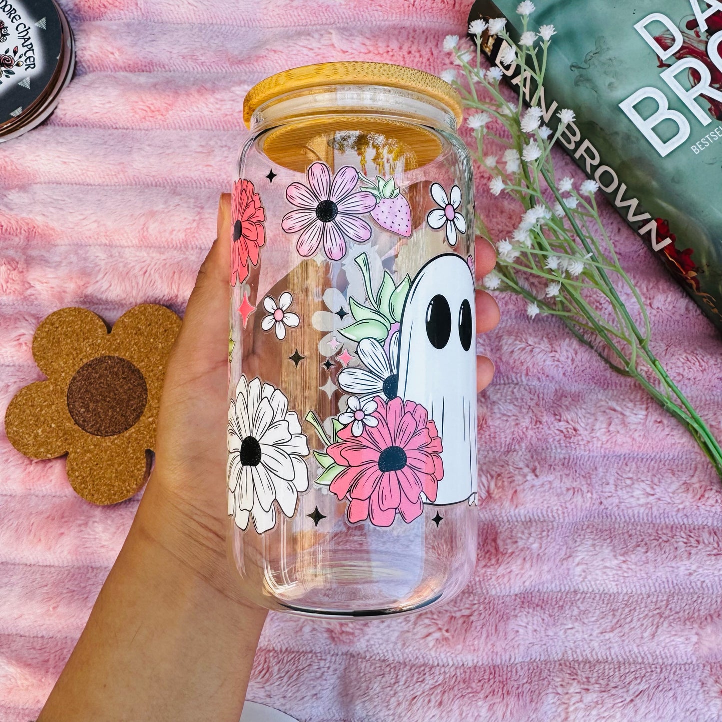Floral Halloween Spooky Boo  Iced Coffee Can Glass, Strawberry Spooky Coffee Tumbler with Bamboo Lid and starw