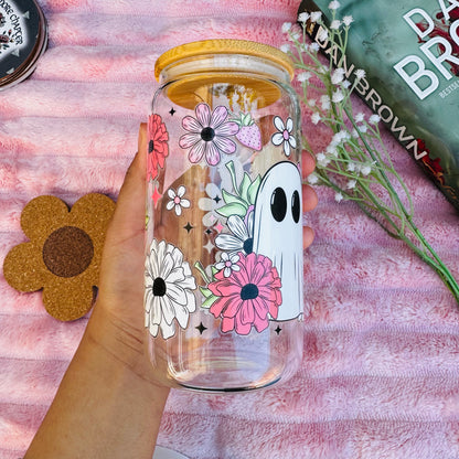 Floral Halloween Spooky Boo  Iced Coffee Can Glass, Strawberry Spooky Coffee Tumbler with Bamboo Lid and starw
