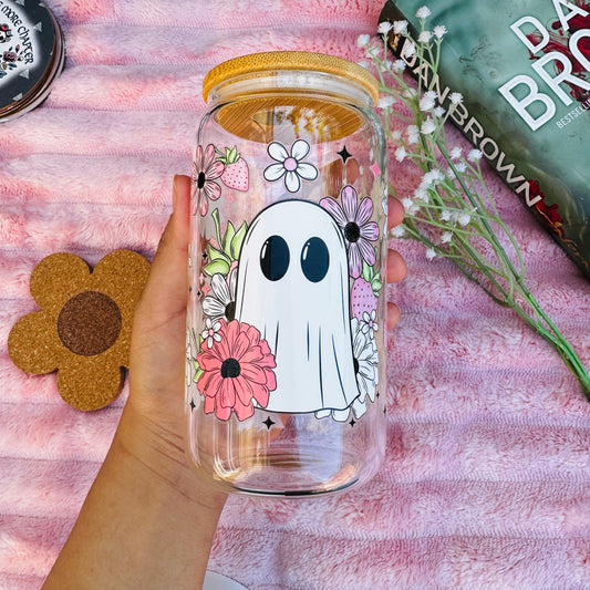 Floral Halloween Spooky Boo  Iced Coffee Can Glass, Strawberry Spooky Coffee Tumbler with Bamboo Lid and starw