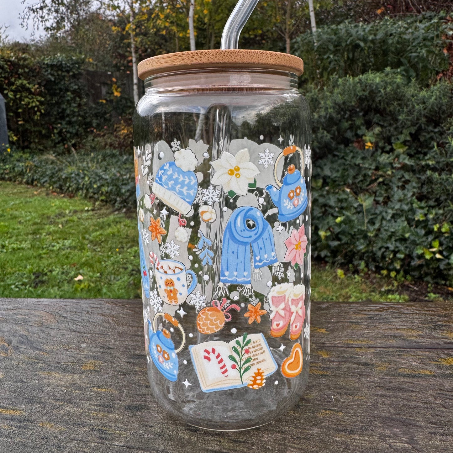 Christmas Cozy Winter Blue Bookish Iced coffee Glass Can With Bamboo Lid and Straw