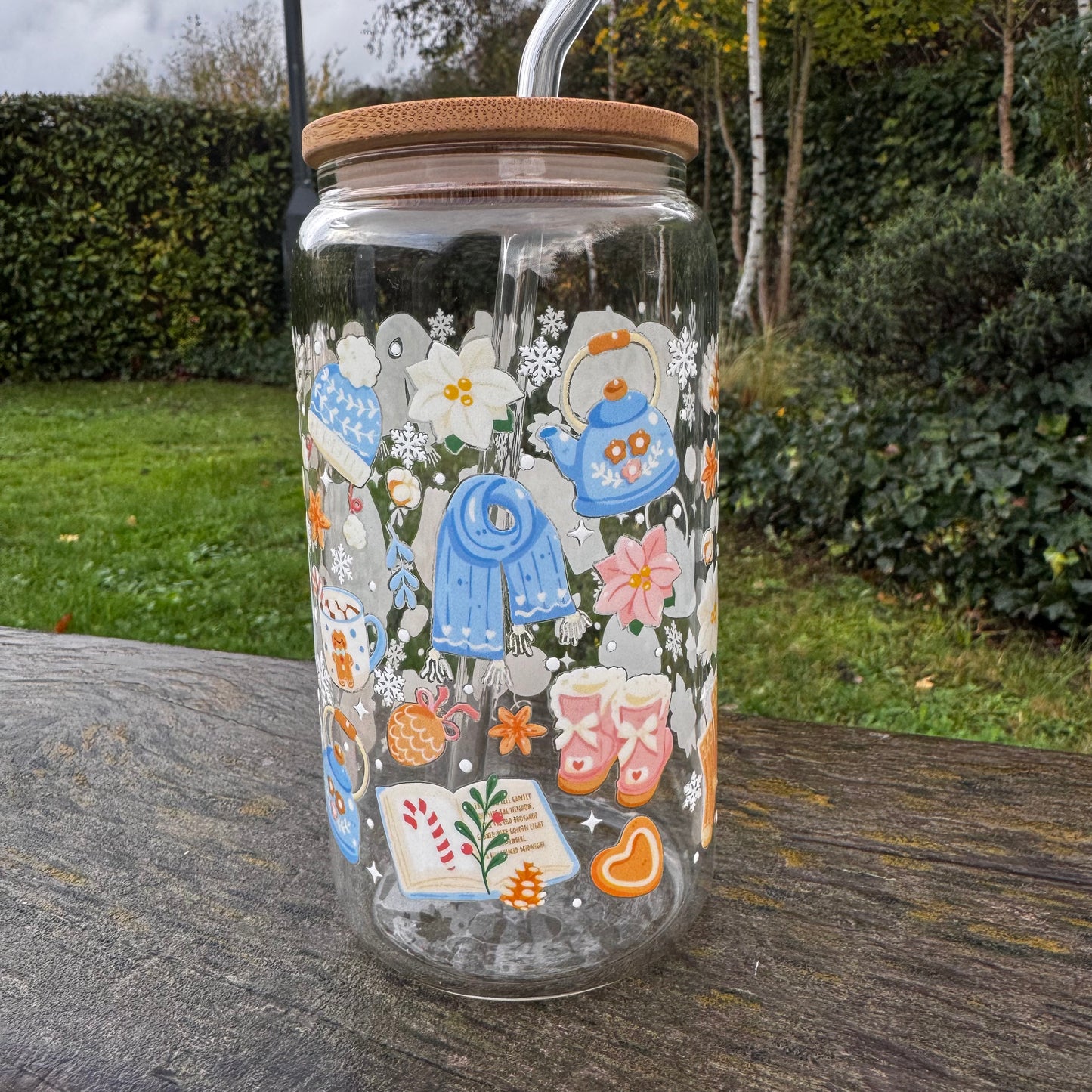 Christmas Cozy Winter Blue Bookish Iced coffee Glass Can With Bamboo Lid and Straw