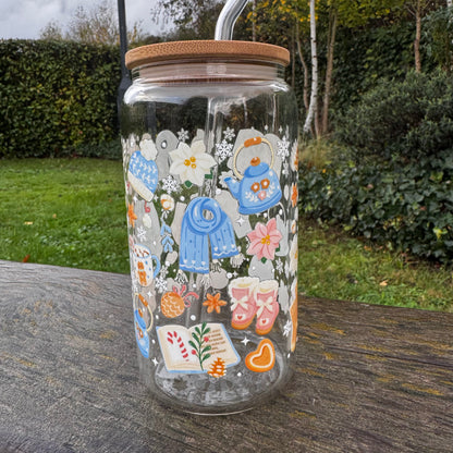 Christmas Cozy Winter Blue Bookish Iced coffee Glass Can With Bamboo Lid and Straw