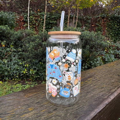 Christmas Cozy Winter Blue Bookish Iced coffee Glass Can With Bamboo Lid and Straw