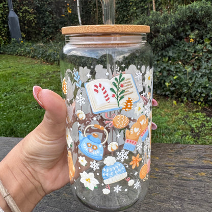 Christmas Cozy Winter Blue Bookish Iced coffee Glass Can With Bamboo Lid and Straw