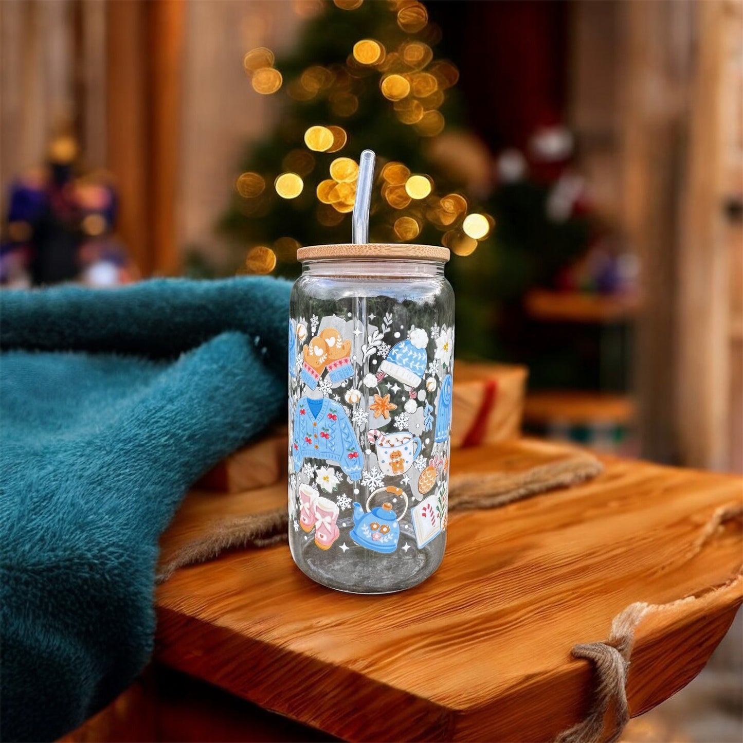 Christmas Cozy Winter Blue Bookish Iced coffee Glass Can With Bamboo Lid and Straw