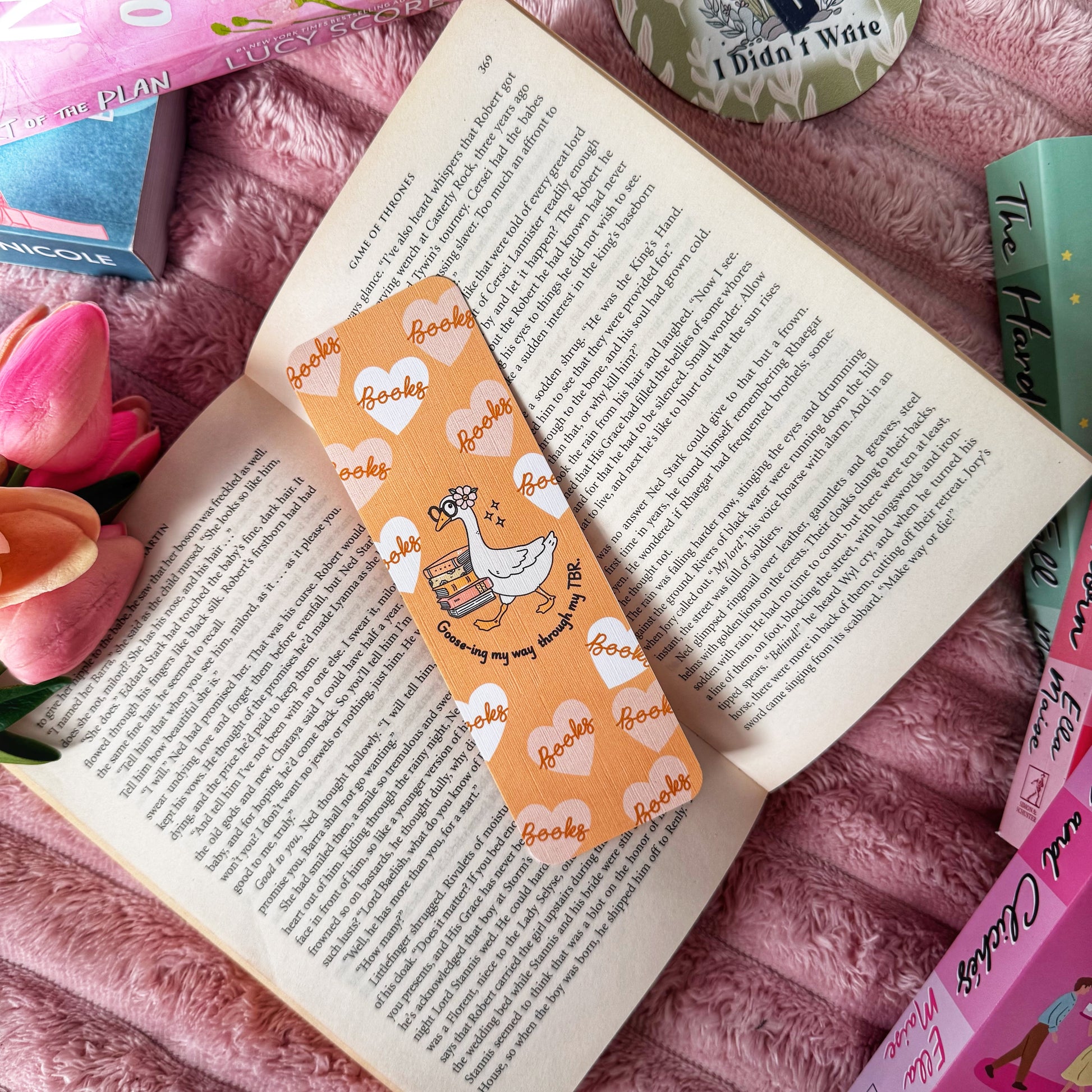 cute goose holding books linen bookmark