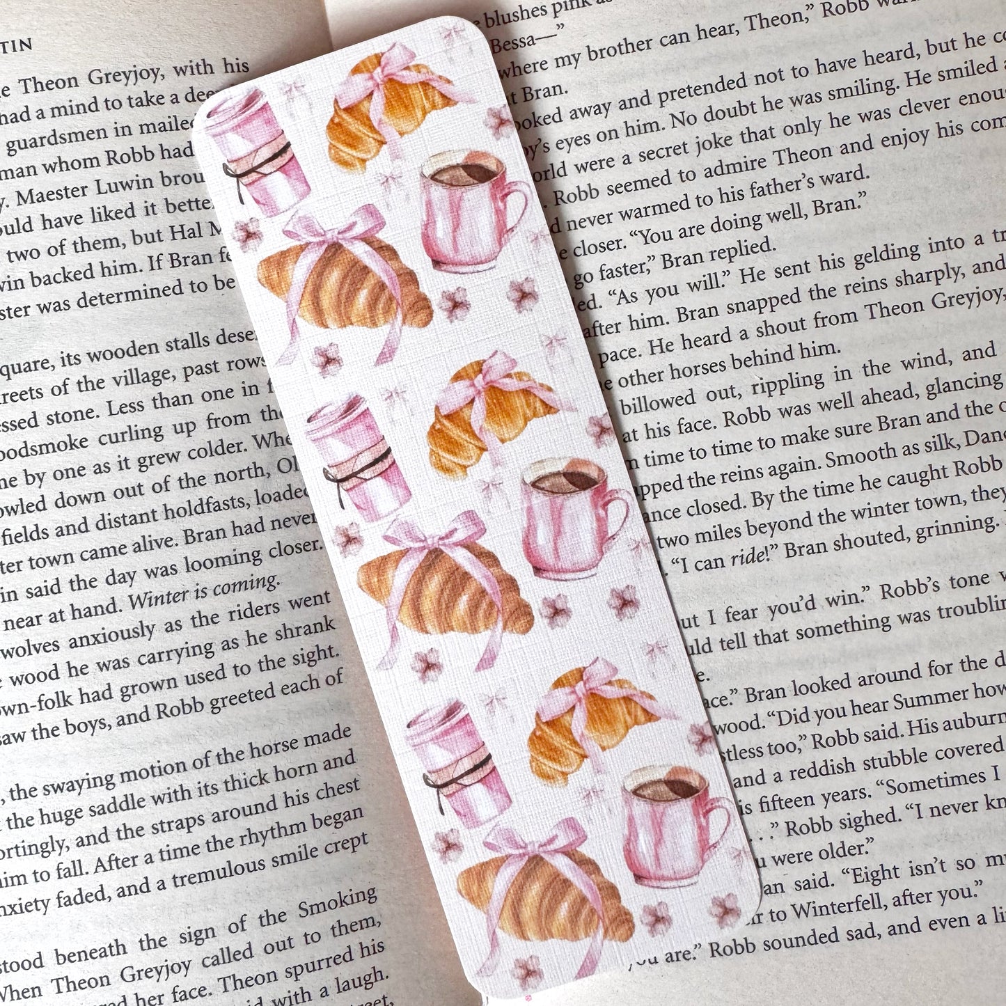 double sided linen bookmark coffee pastry design