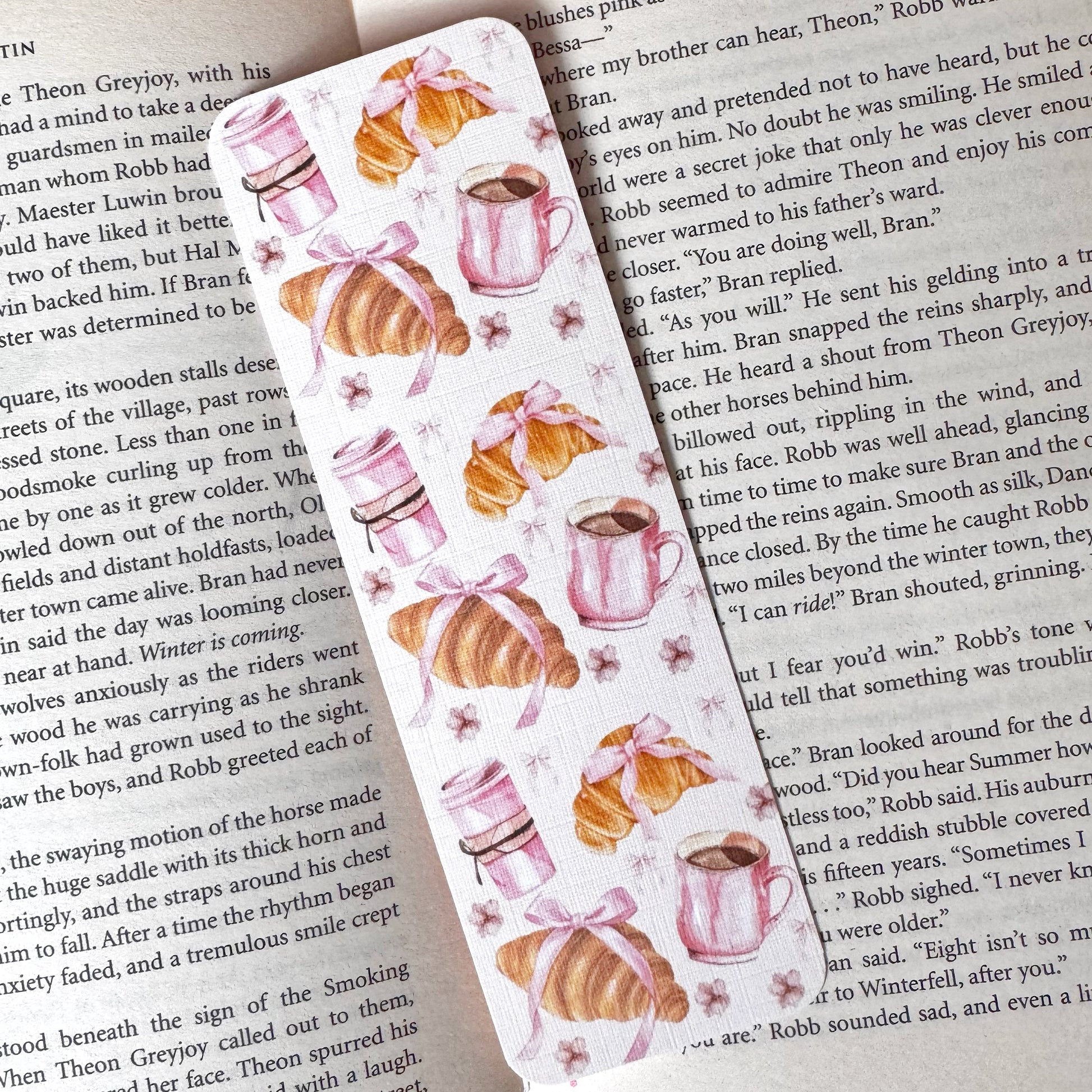 double sided linen bookmark coffee pastry design