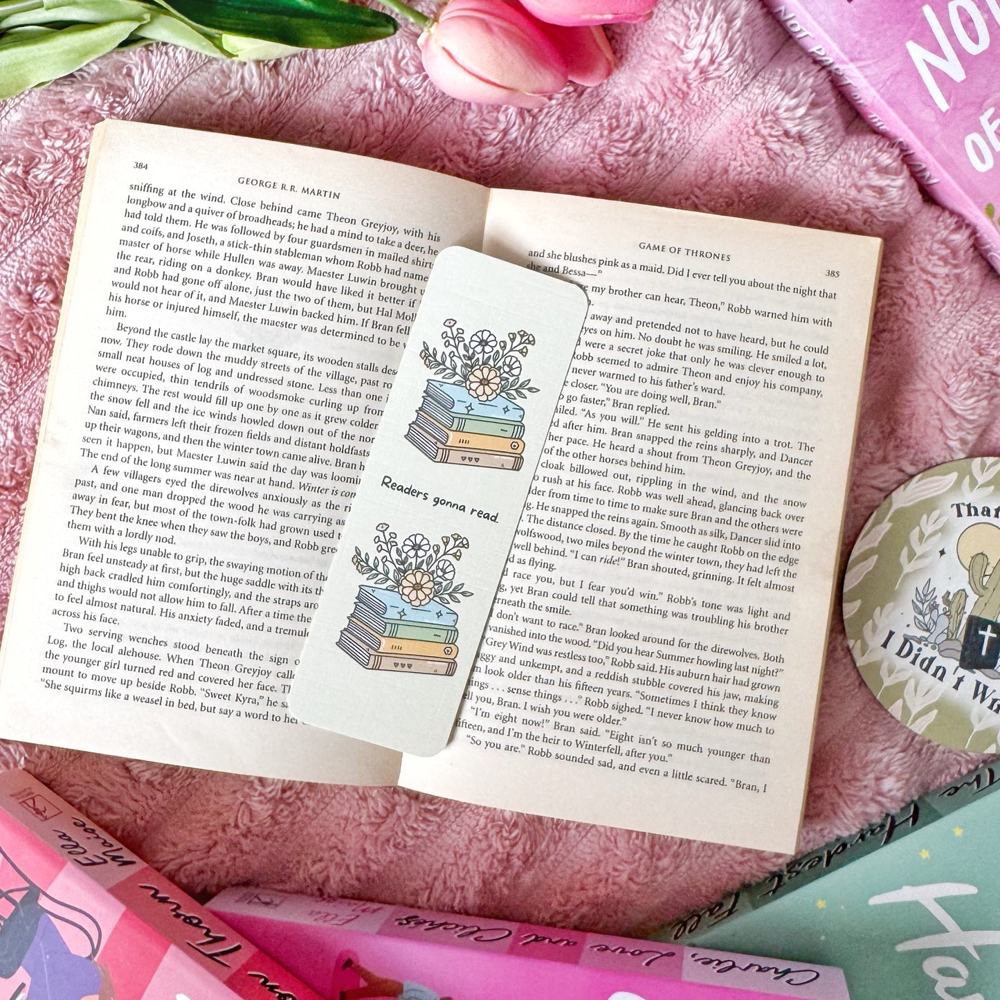 double sided linen bookmark floral design