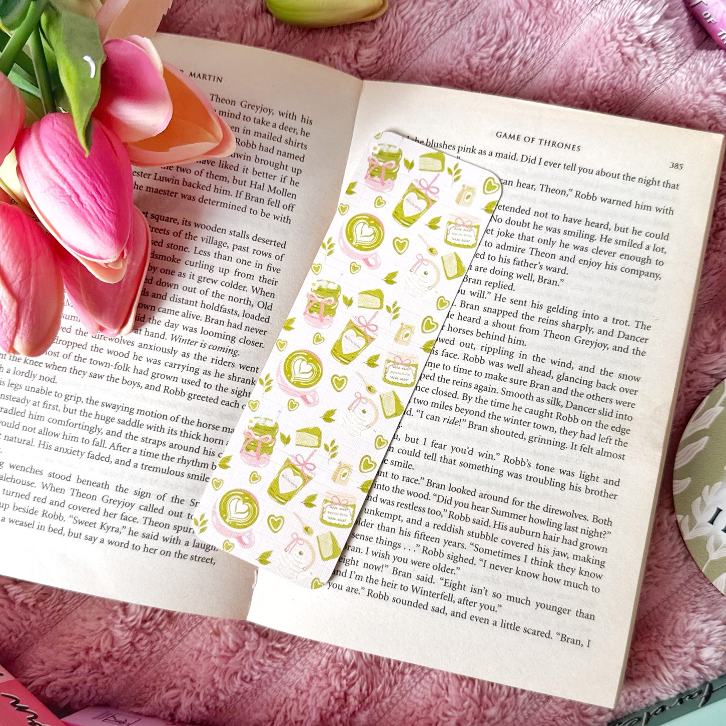 double sided linen bookmark matcha design