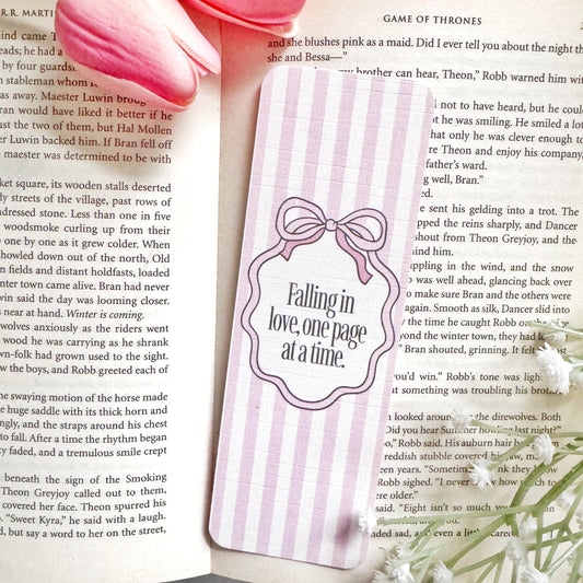 falling in love one page at a time pink linen bookmark