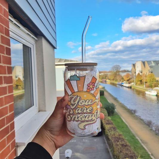 You are Enough Themed Positivity and Affirmation Gift Glass Tumbler 16 oz, Iced Coffee Tumbler for her,Wildflower Girl Tumbler all occasion