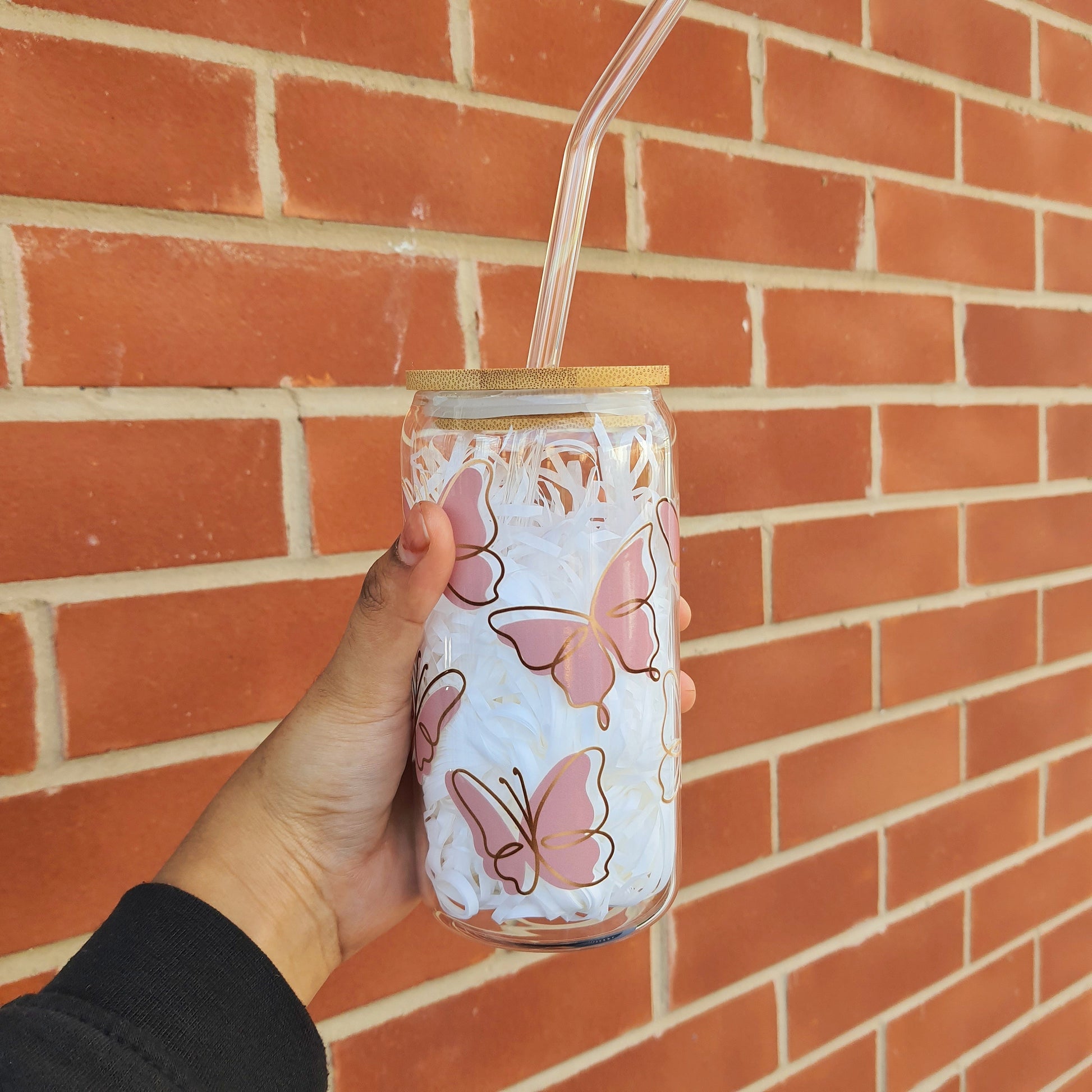 Butterfly Iced Coffee Cup Glass Tumbler 16 oz , Libby Cup Butterfly theme gifts for coffee lovers with bamboo lid and Glass Straw