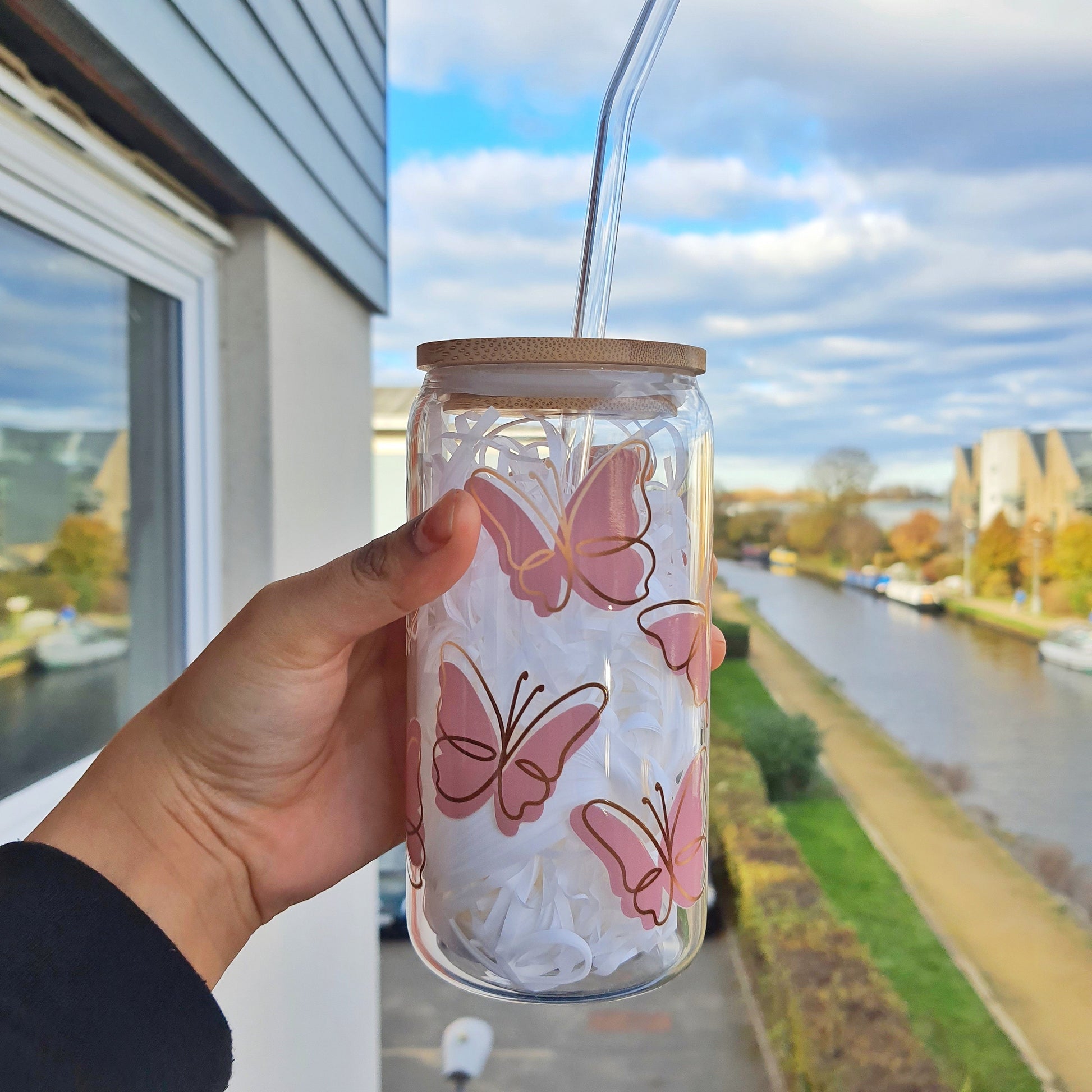 Butterfly Iced Coffee Cup Glass Tumbler 16 oz , Libby Cup Butterfly theme gifts for coffee lovers with bamboo lid and Glass Straw