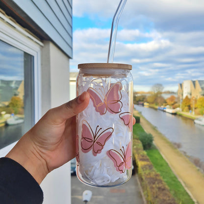 Butterfly Iced Coffee Cup Glass Tumbler 16 oz , Libby Cup Butterfly theme gifts for coffee lovers with bamboo lid and Glass Straw