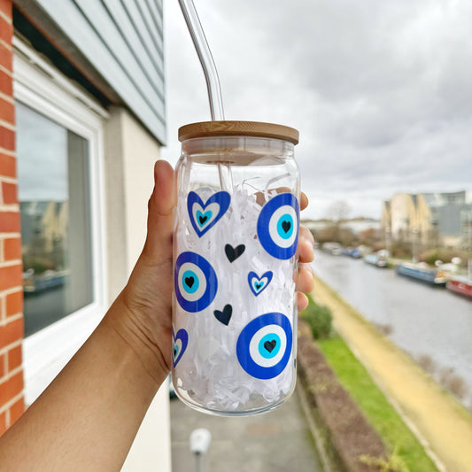 Blue Evil Eye Glass Tumbler, 16 oz Libby Cup - Heart Design, Perfect Gift for Loved Ones, Iced Coffee, Show Care