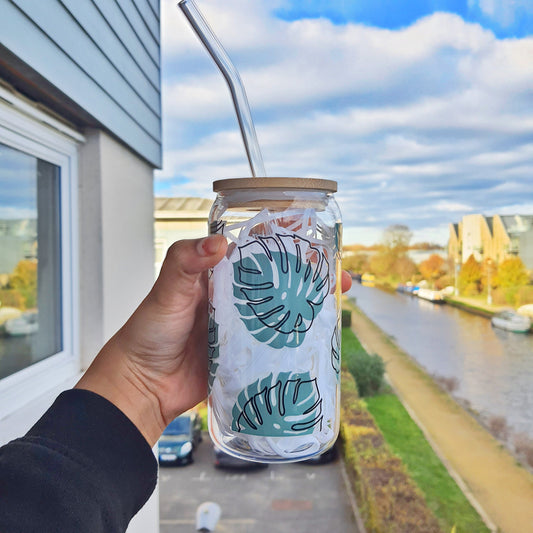 Green Tropical Leaves themed Glass Tumbler 16 oz for Plant lovers , Libby Cup Monstera Leave theme gifts, Go Green Gift, Iced coffee Tumbler
