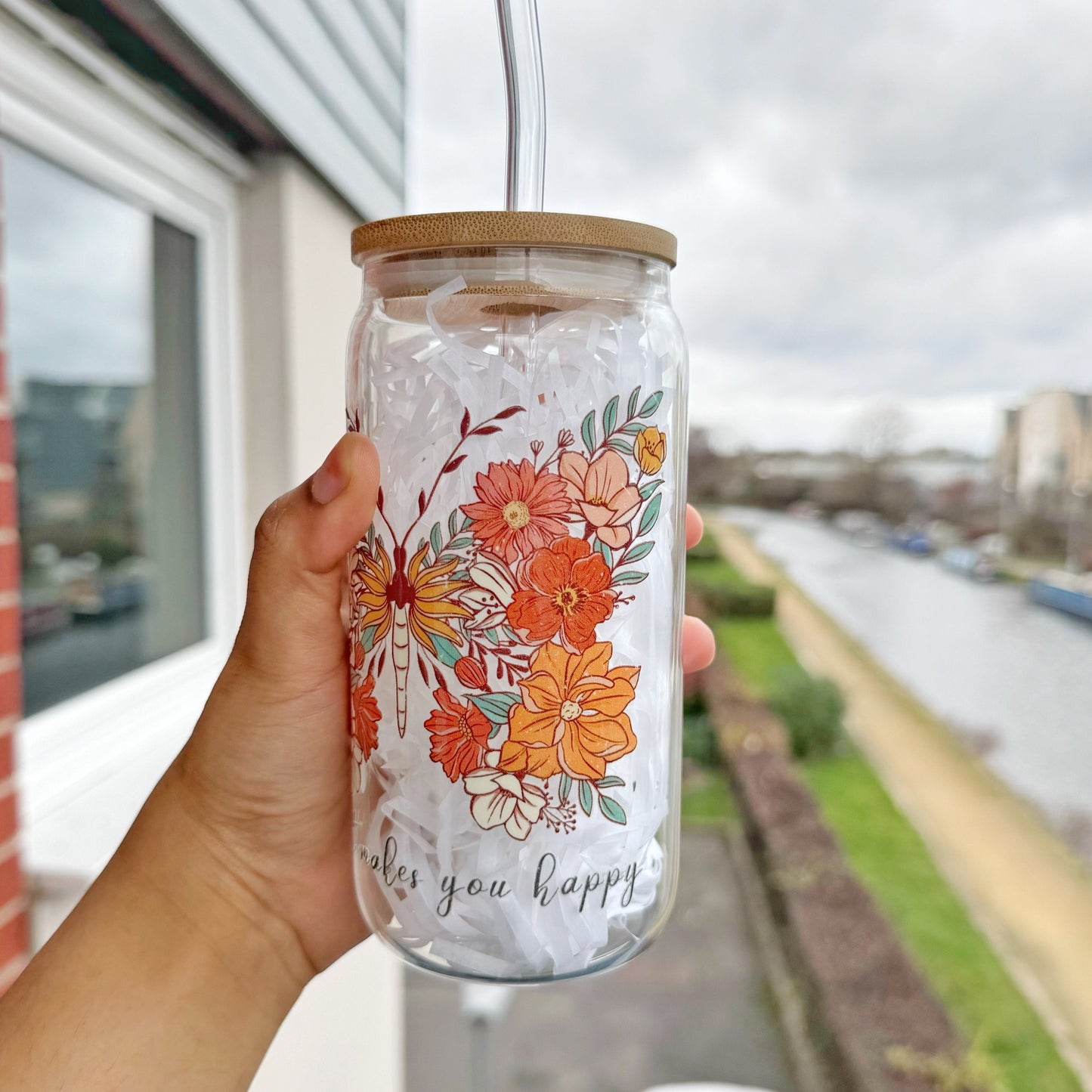 Do what makes you Happy Glass Tumbler 16 oz , Libby Cup positive thought theme, Gifts for Loved ones, Manifest Gifts, Butterfly theme gift