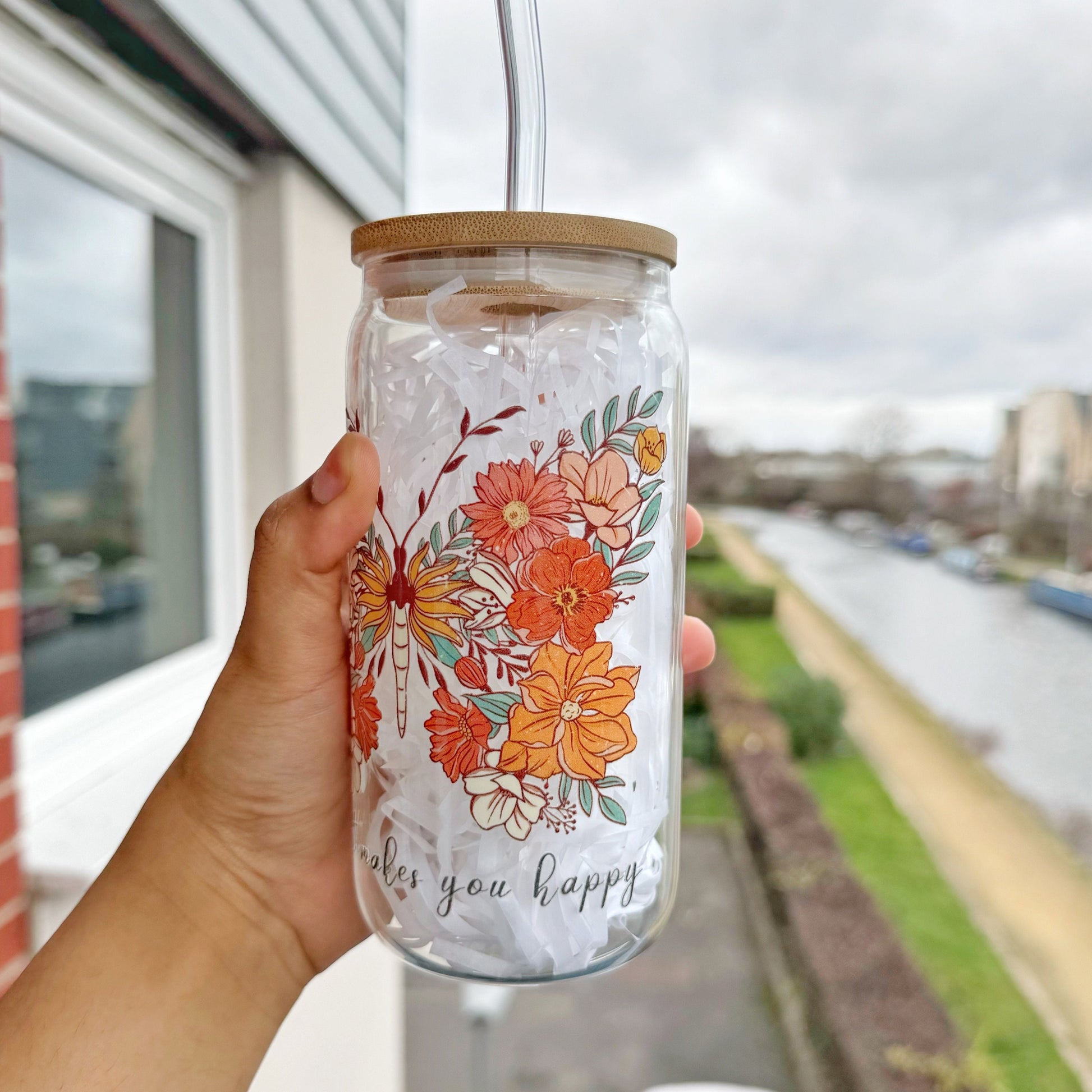 Do what makes you Happy Glass Tumbler 16 oz , Libby Cup positive thought theme, Gifts for Loved ones, Manifest Gifts, Butterfly theme gift