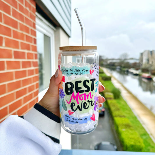 Best Mom Ever Glass Tumbler 16 oz , Mum Libby Glass for coffee lovers, Iced coffee Mugs, Tumbler for best mom ever, Beer Can glasses
