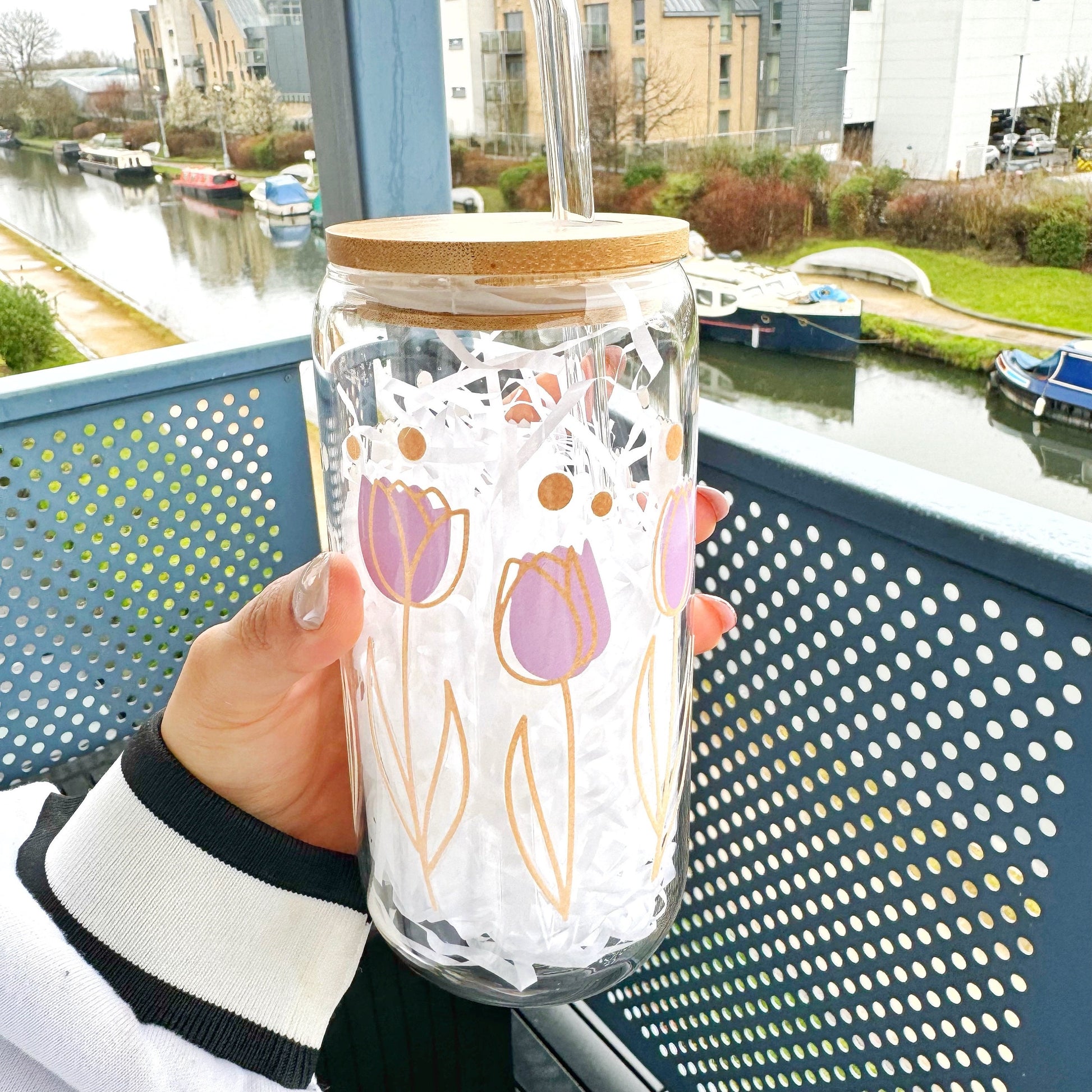 Tulip Flower Iced Coffee Cup, Flower Glass Tumbler 16 oz , Glass Cup with Bamboo lid and glass straw, coffee lovers, Iced coffee Cans,