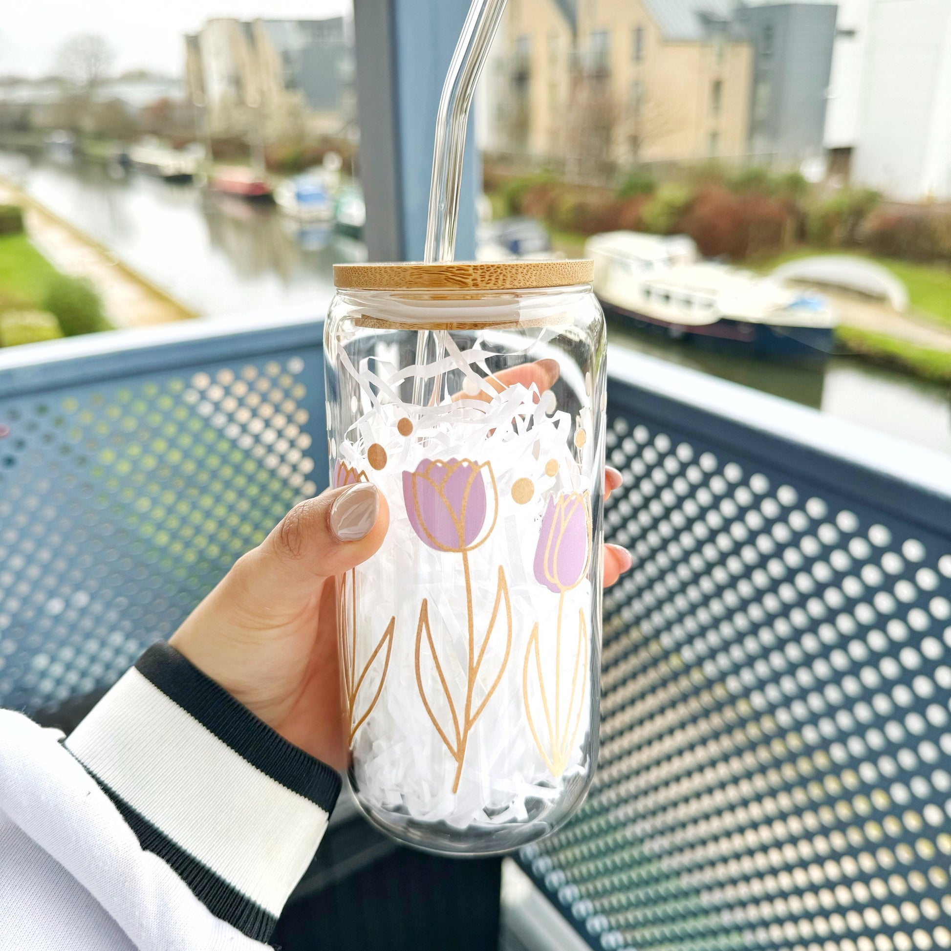 Tulip Flower Iced Coffee Cup, Flower Glass Tumbler 16 oz , Glass Cup with Bamboo lid and glass straw, coffee lovers, Iced coffee Cans,
