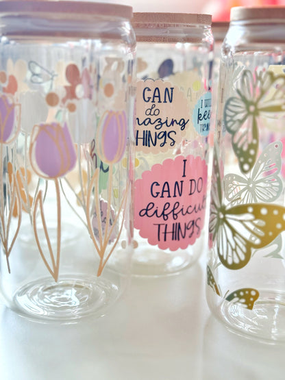 Tulip Flower Iced Coffee Cup, Flower Glass Tumbler 16 oz , Glass Cup with Bamboo lid and glass straw, coffee lovers, Iced coffee Cans,