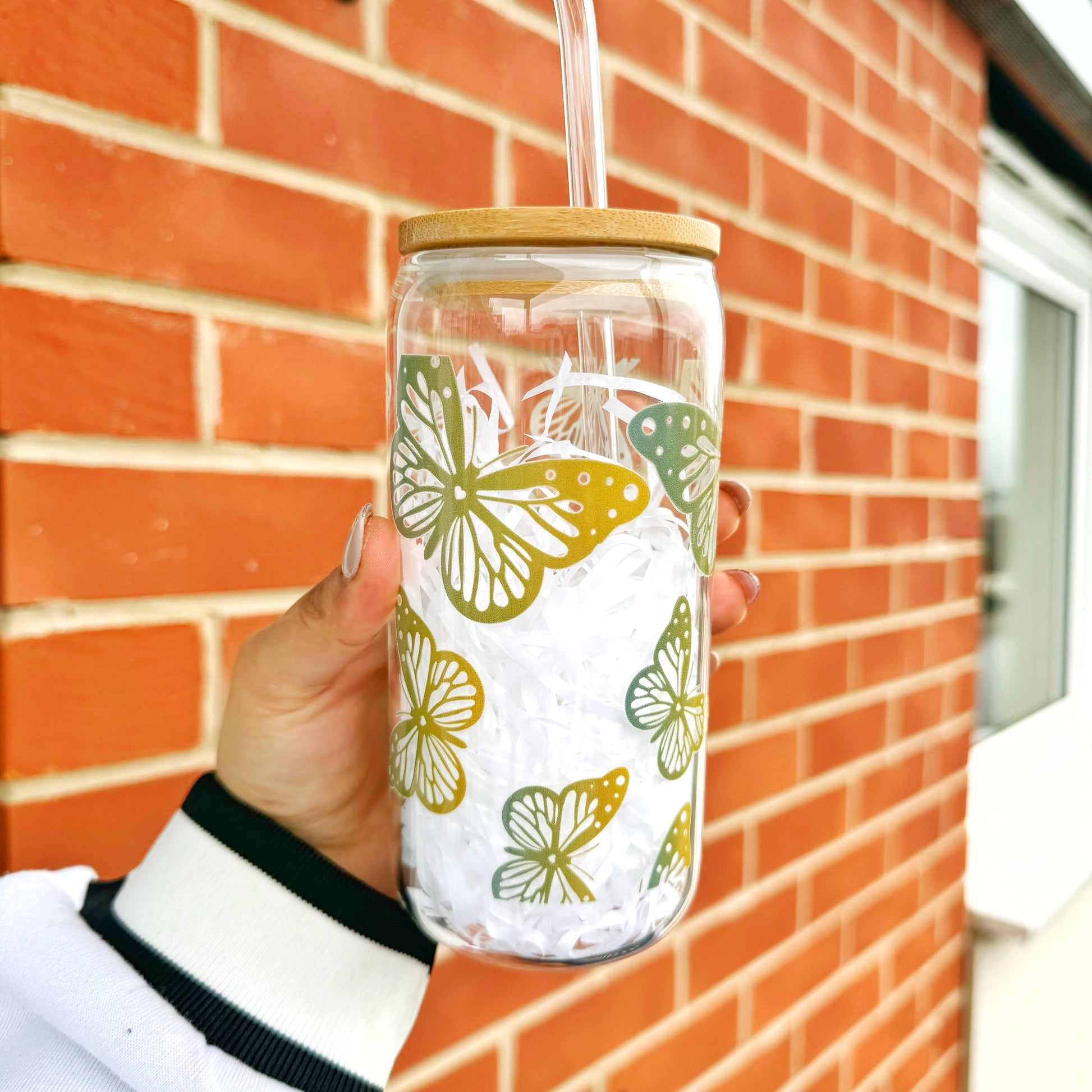 Butterfly Iced Coffee Cup Glass Tumbler 16 oz , Libby Cup Butterfly theme gifts for coffee lovers with bamboo lid and Glass Straw