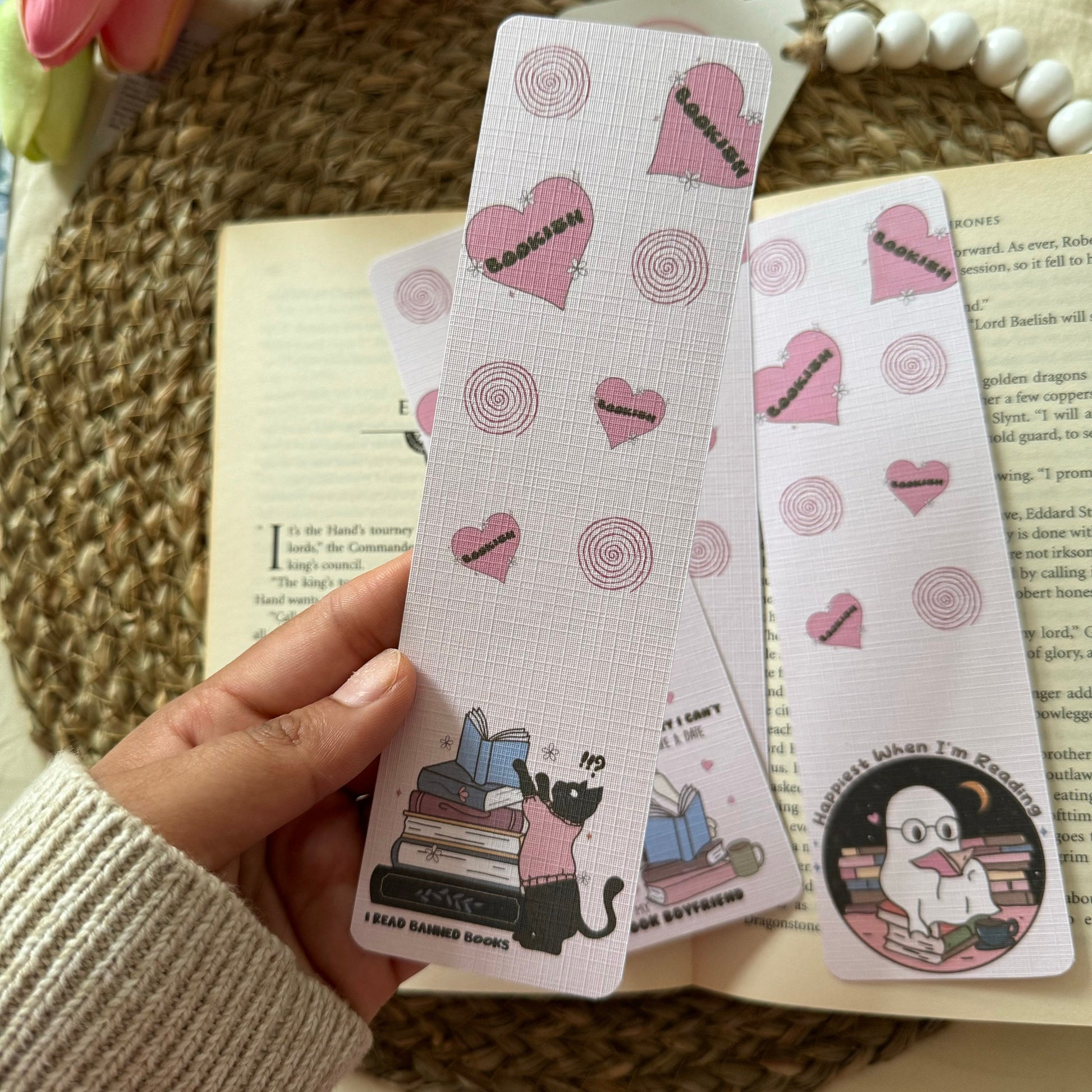 Set of 4 Pink Bookish Bookmark for Book Lovers two sided , Ghost and Cat Bookmark, Linen Bookmark, Booklover Gift,Halloween Bookish Gift