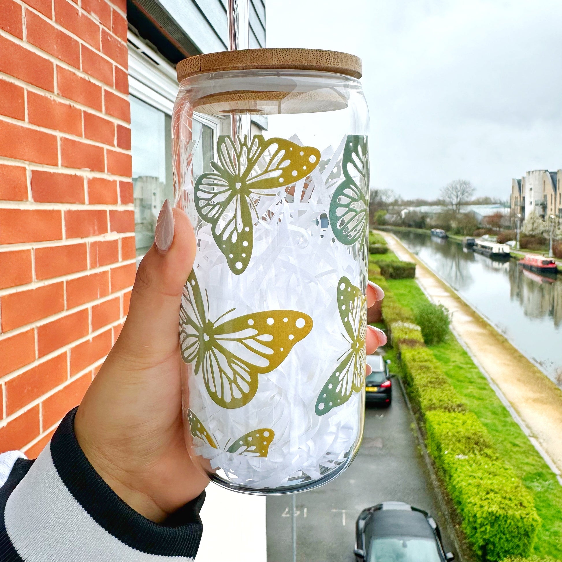 Butterfly Iced Coffee Cup Glass Tumbler 16 oz , Libby Cup Butterfly theme gifts for coffee lovers with bamboo lid and Glass Straw