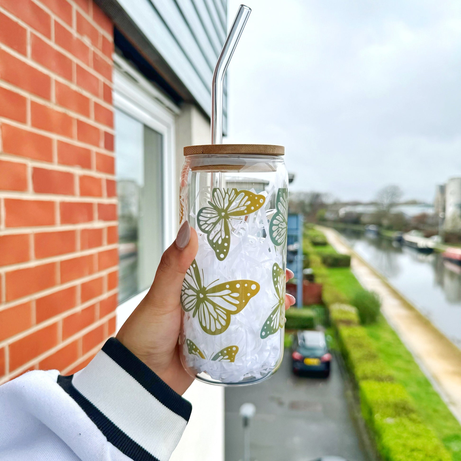 Butterfly Iced Coffee Cup Glass Tumbler 16 oz , Libby Cup Butterfly theme gifts for coffee lovers with bamboo lid and Glass Straw