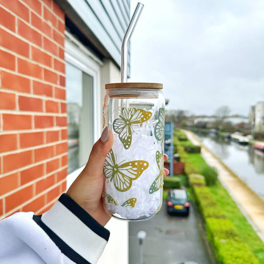 Butterfly Iced Coffee Cup Glass Tumbler 16 oz , Libby Cup Butterfly theme gifts for coffee lovers with bamboo lid and Glass Straw