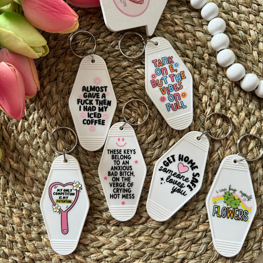 Motel Keyrings in various designs suitable for gifting or yourself, Sarcastic keyring, love key ring, self respect keyring, coffee keyring