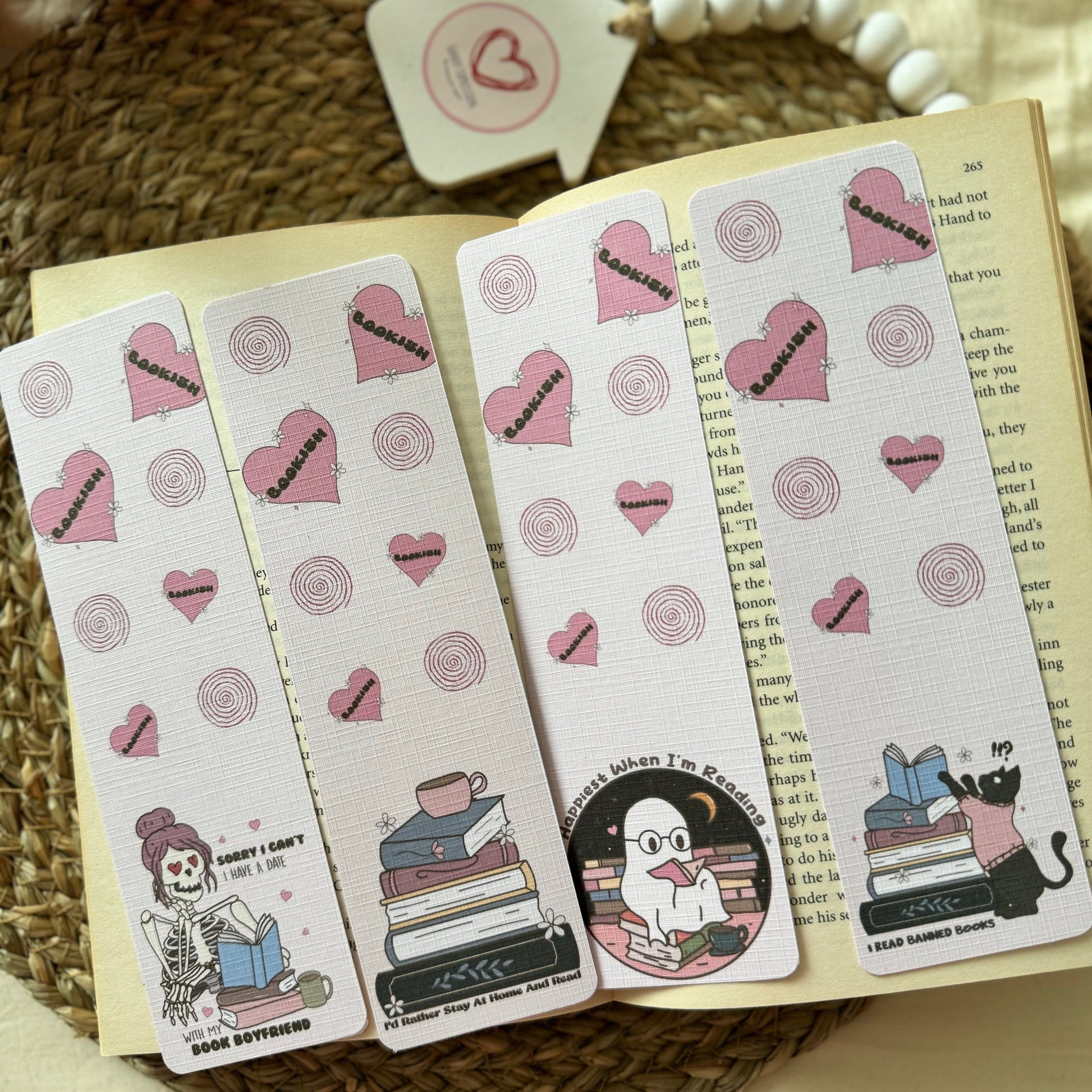 Set of 4 Pink Bookish Bookmark for Book Lovers two sided , Ghost and Cat Bookmark, Linen Bookmark, Booklover Gift,Halloween Bookish Gift