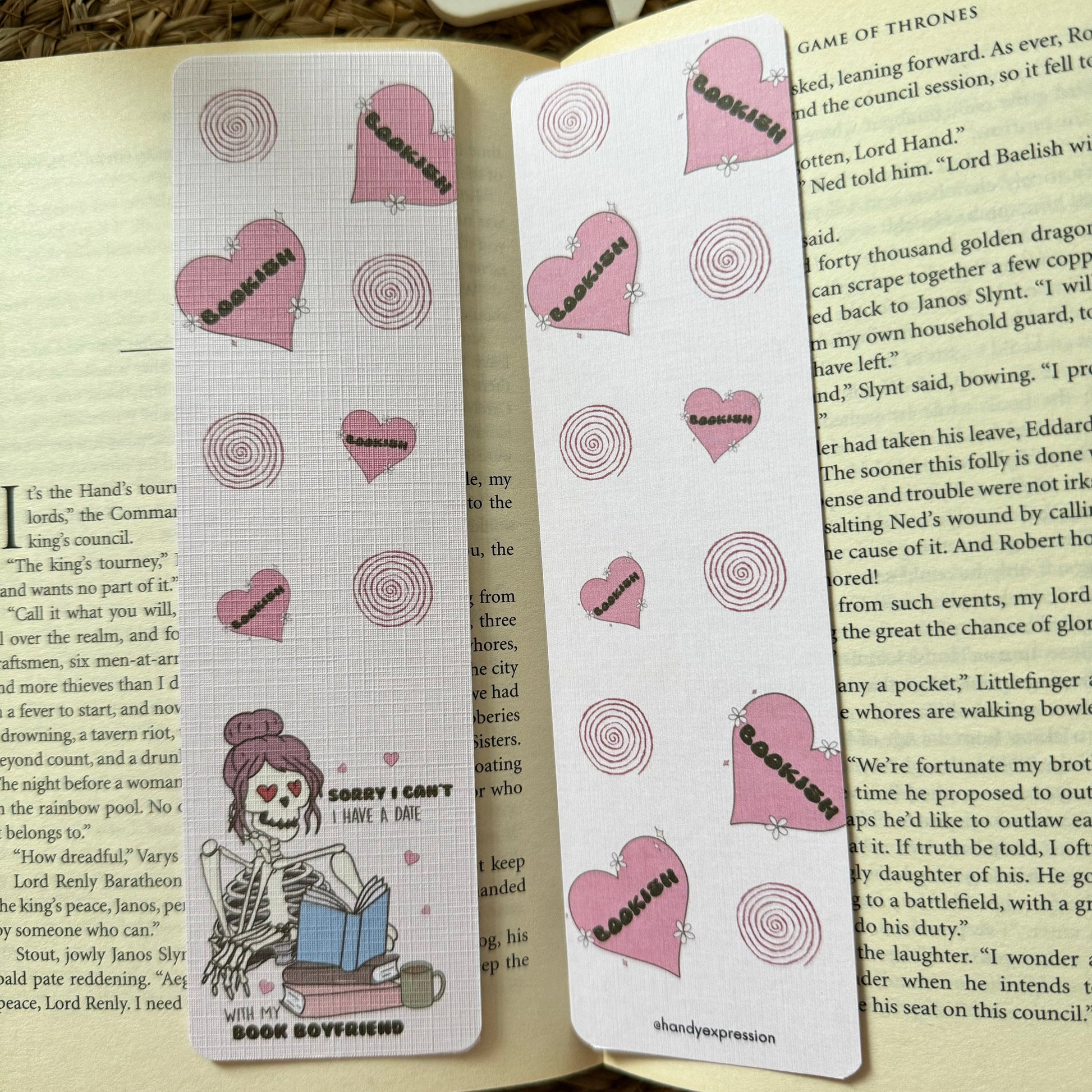 Set of 4 Pink Bookish Bookmark for Book Lovers two sided , Ghost and Cat Bookmark, Linen Bookmark, Booklover Gift,Halloween Bookish Gift