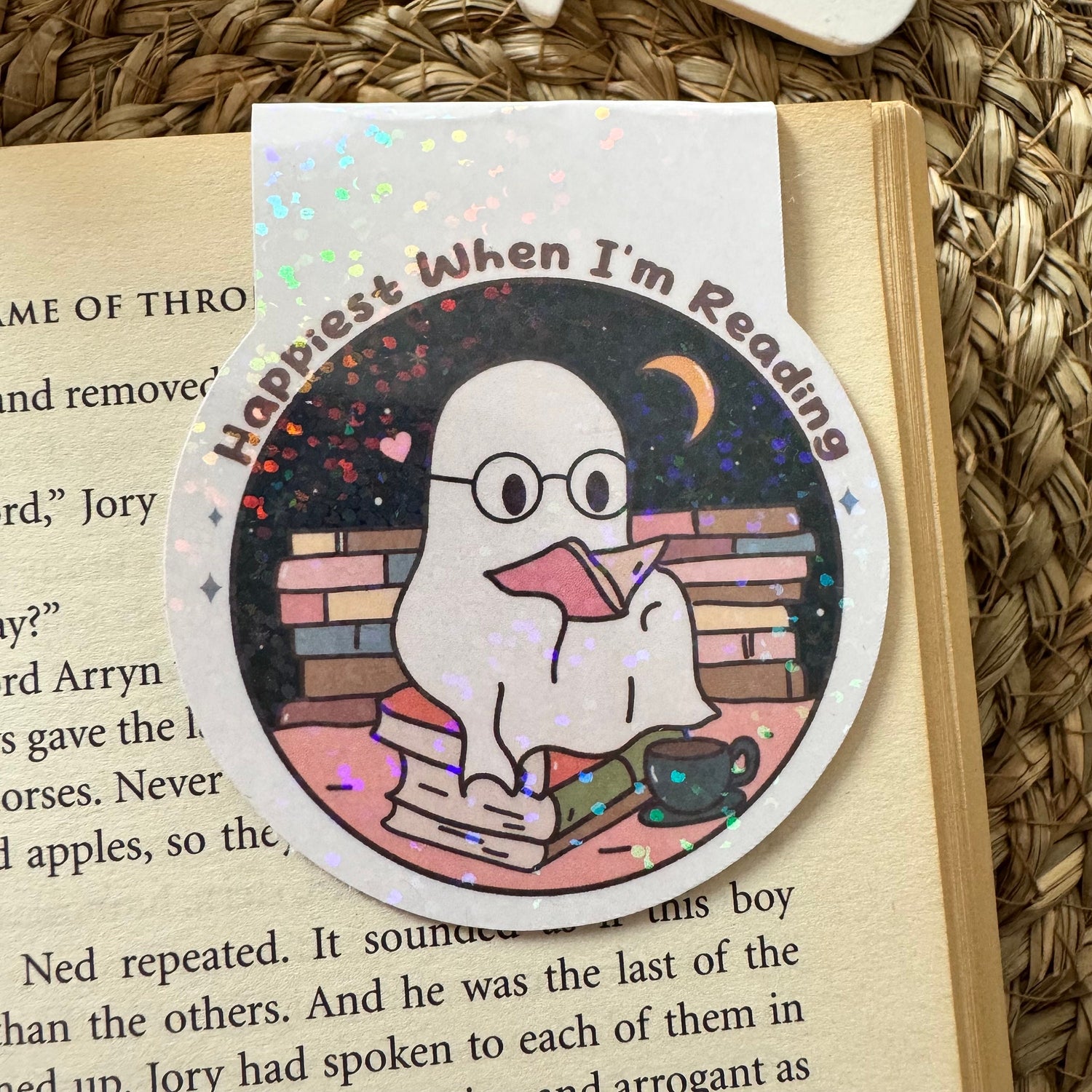 Happiest when I am reading cute boo bookish magnetic bookmark for book lovers, Cute Spooky Bookmark, Holographic bookmark for book lovers
