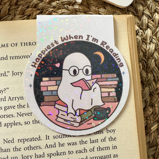 Happiest when I am reading cute boo bookish magnetic bookmark for book lovers, Cute Spooky Bookmark, Holographic bookmark for book lovers