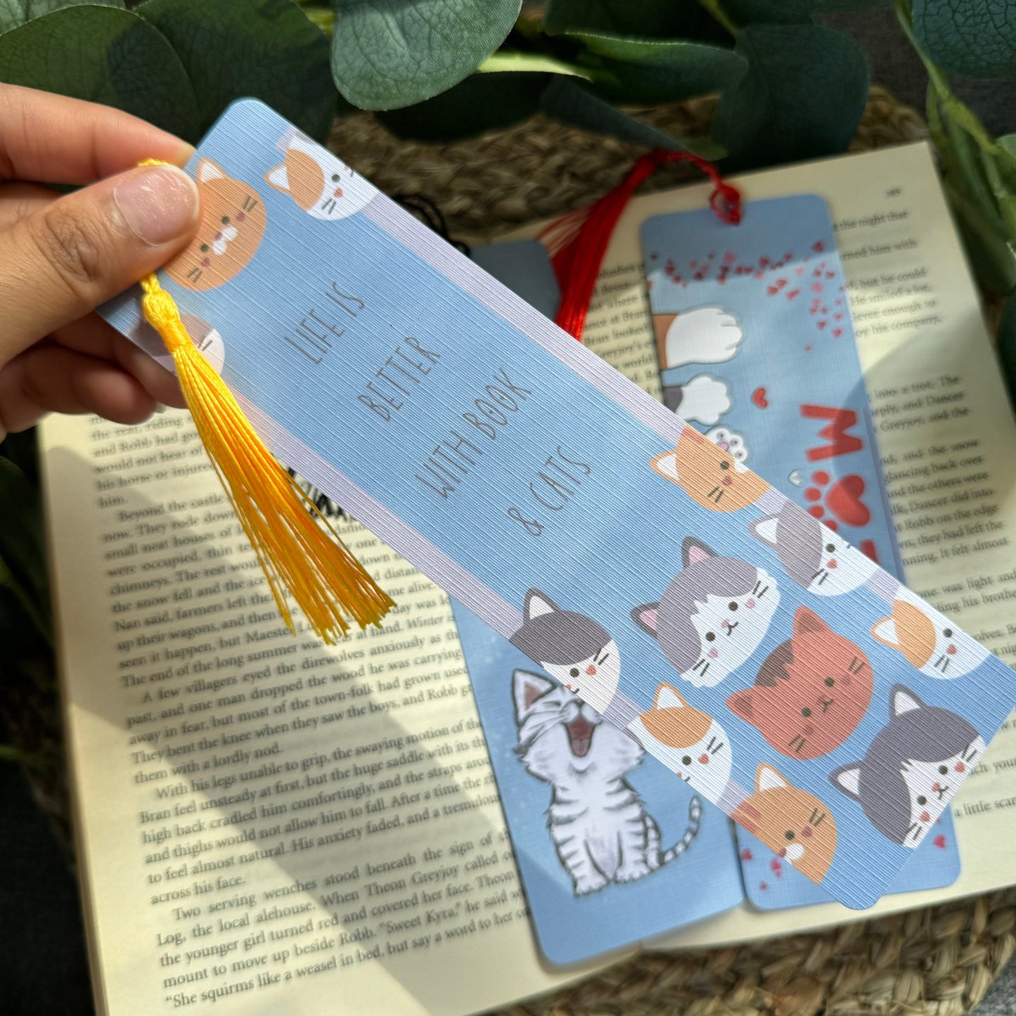 Cat Bookish bookmark, Meow Cat bookmark for Book Lovers , Life is better with books and cat ,Linen Tasseled Bookmark,Cat LoveBookmark