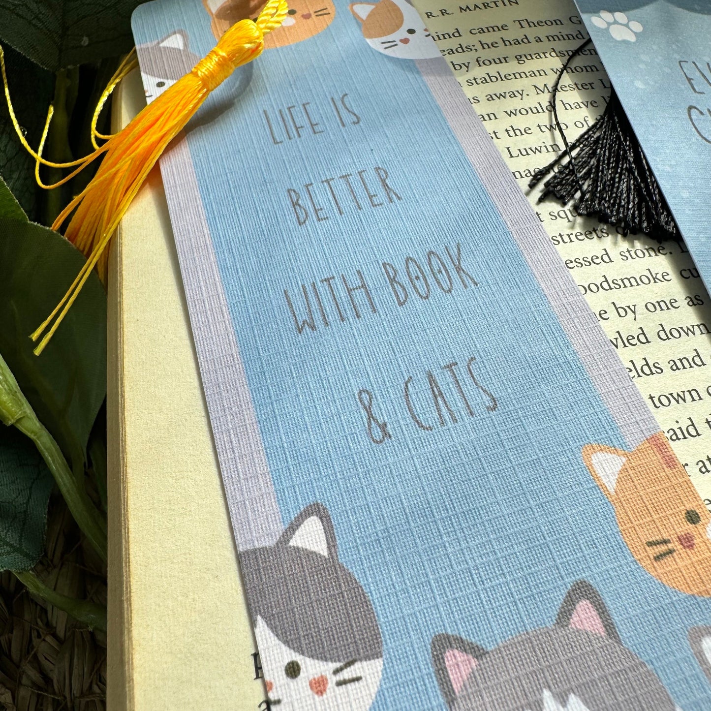 Cat Bookish bookmark, Meow Cat bookmark for Book Lovers , Life is better with books and cat ,Linen Tasseled Bookmark,Cat LoveBookmark