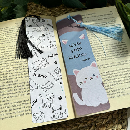 Set of 2 Cat Bookish bookmark, Meow Cat bookmark for Book Lovers , Life is better with books and cat ,Linen Tasseled Bookmark,Cat Love gift