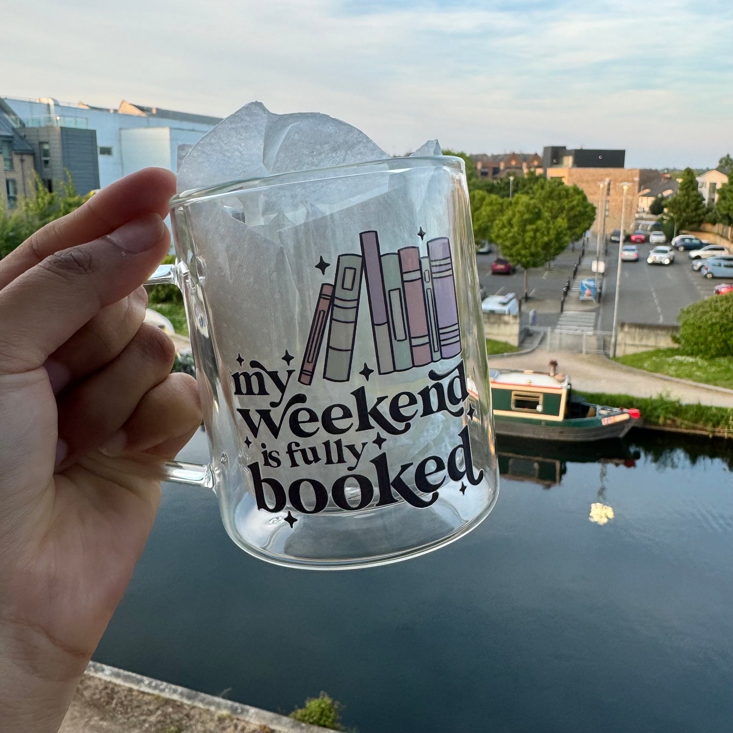 Book lover glass coffee mug . My weekend is booked mug . Glass mug .Gift for book lover, Bibliophile gift . Bookish mug 13oz Double walled