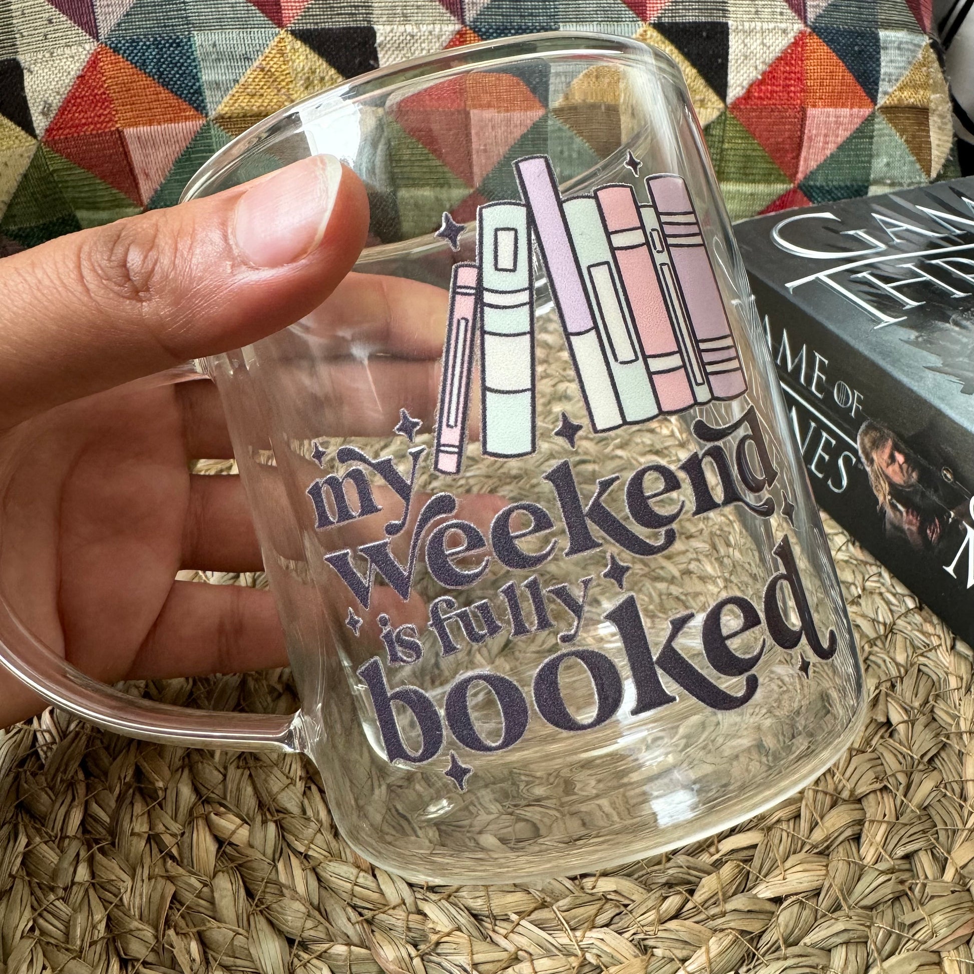 Book lover glass coffee mug . My weekend is booked mug . Glass mug .Gift for book lover, Bibliophile gift . Bookish mug 13oz Double walled