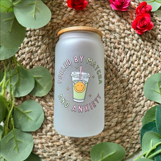 Fueled by Coffee and Matcha frosted iced coffee can for coffee lovers,Coffee Glass Tumbler, Iced Coffee Cup for Coffee Lovers
