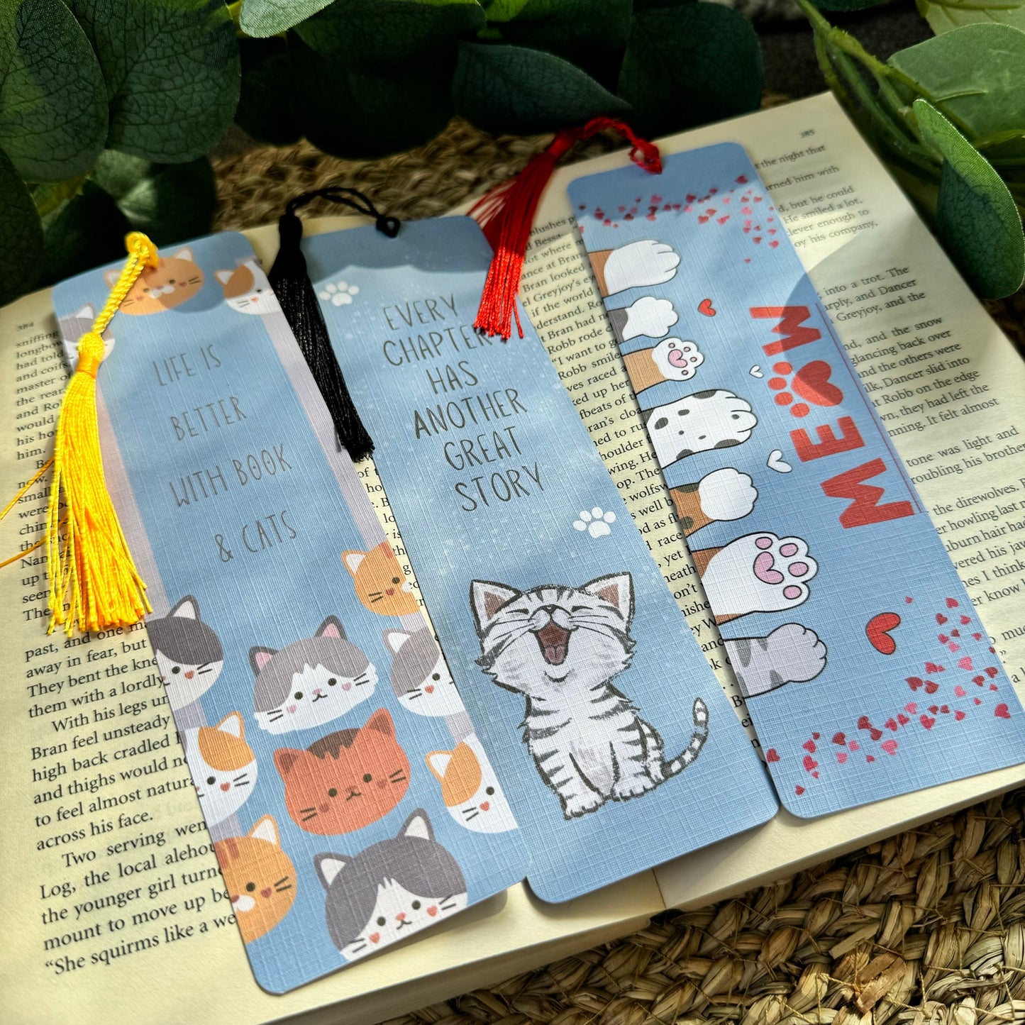 Cat Bookish bookmark, Meow Cat bookmark for Book Lovers , Life is better with books and cat ,Linen Tasseled Bookmark,Cat LoveBookmark