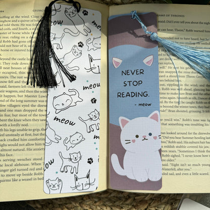 Set of 2 Cat Bookish bookmark, Meow Cat bookmark for Book Lovers , Life is better with books and cat ,Linen Tasseled Bookmark,Cat Love gift