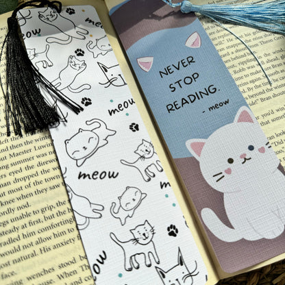 Set of 2 Cat Bookish bookmark, Meow Cat bookmark for Book Lovers , Life is better with books and cat ,Linen Tasseled Bookmark,Cat Love gift