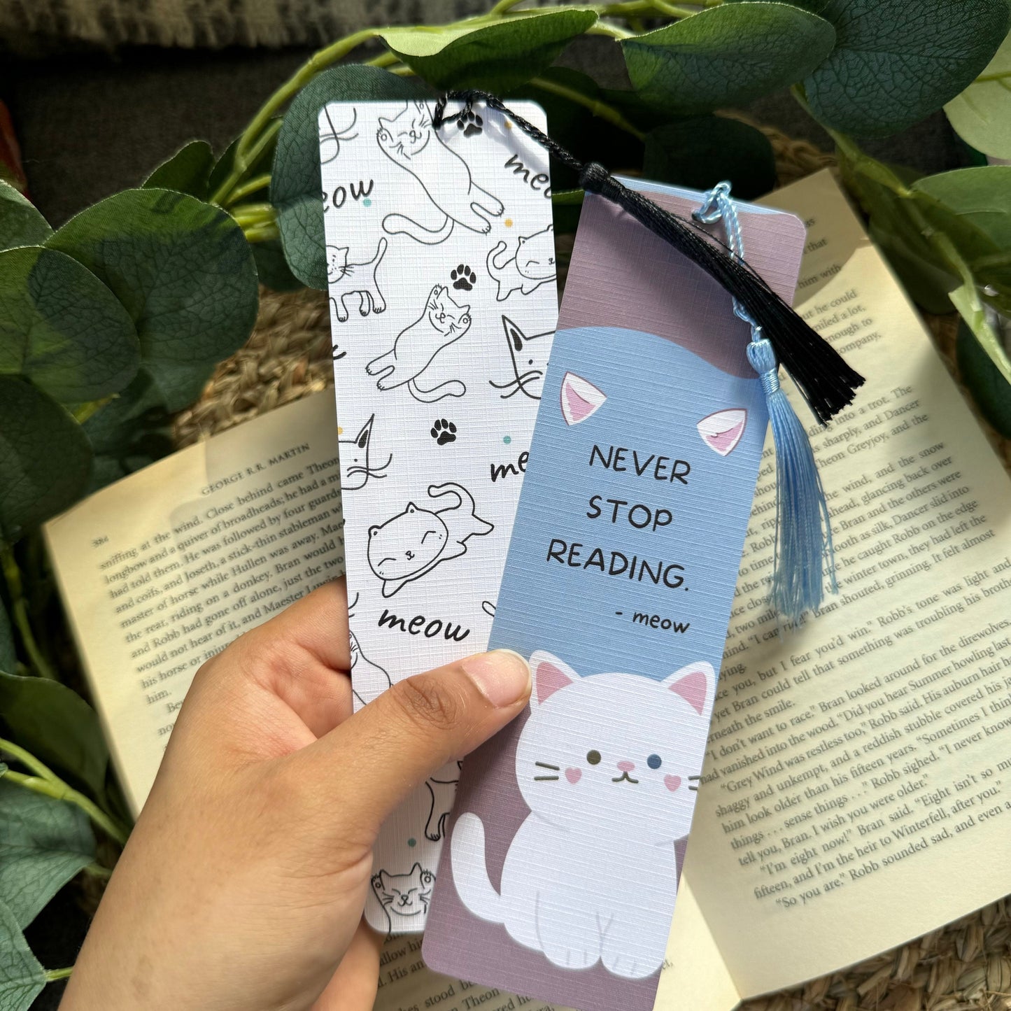 Set of 2 Cat Bookish bookmark, Meow Cat bookmark for Book Lovers , Life is better with books and cat ,Linen Tasseled Bookmark,Cat Love gift